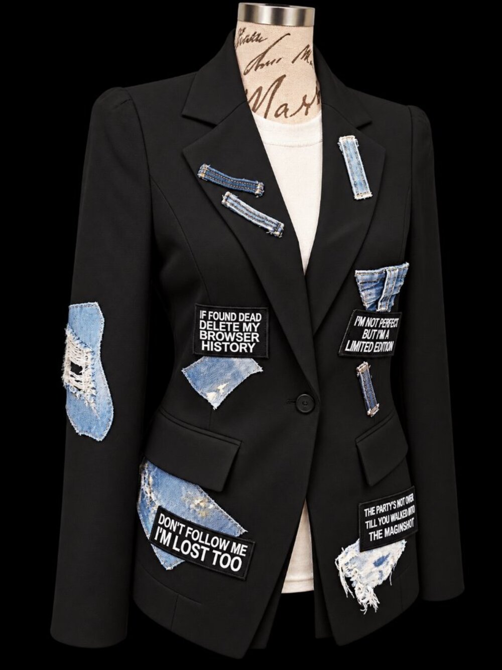 Black Distressed Denim Patch Statement Blazer – One-of-a-Kind Look
